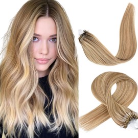 Micro Beads Hair 0.5g/s 100s Straight Human Hair Extensions Easy Loop Brazilian Remy Hair Micro Ring Hair Extensions (14 inch, P#8/613)