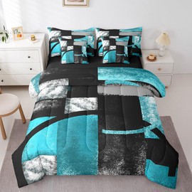 Feelyou Abstract Turquoise and Black 7 PCS Bed in a Bag Set Twin Size, Grunge Teal Ombre 7 PCS Comforter & Sheets Gray Black Blue Stripe Bed in a Bag Kids Abstract Art Comforter Set & Sheets Twin Size