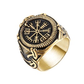 Mens Vegvisir Compass Ring with Ouroboros Stainless Steel Norse Symbol Viking Jewelry Gold Size Q
