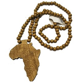 BUNFIREs Black, Brown or Black wooden africa pendant necklace beads chain african map continent wood long (Light Brown)