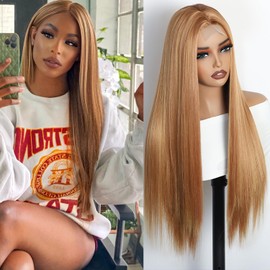 Ellieryan 28 Inch Long Straight Honey Blonde Wigs for Women - Heat Resistant Synthetic Wig with Simulated Lace Scalp Middle Part Natural Looking Wig for Daily Use Party Cosplay