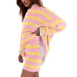 LAMISSCHE Womens Oversized Lounge Sets 2 Piece Outfits Striped Matching Pajama Set Long Sleeve Sweater Set(Yellow&Pink,S)