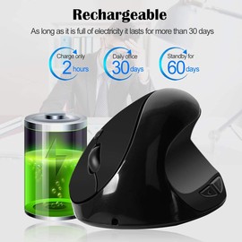 MTAZEG Wirless Vertical Mouse，Rechargeable 2.4G Ergonomic Mouse, Silent Mice 2.4G Optical USB Mouse，DPI 1000/1200/1600,6 Buttons for PC, Desktop, Laptop-Black …