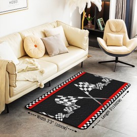 Race Car Themed Area Rug 4'11" x 3'3" for Boys Bedside,Black White Grid Flag Non Slip Rug,Geometric Striped Plaid Checkered Carpet,Racing Car Decorative Accent Rug for Bedroom Playroom Dining Room