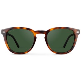WMP Eyewear - Men's Classic Round Polarized Sunglasses, Premium Slim Acetate Frame with Dashed Rivet Details (Havana Tortoise/Smoke Green Lens)