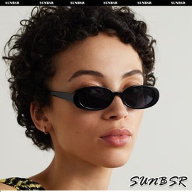SUNBSR Retro Oval Sunglasses for Women Men Trendy Small Oval Shaped Sun Glasses 90's Vintage Shades, A3 Black/Grey, MM