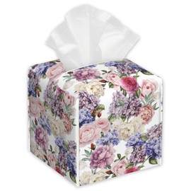 Watercolor Roses Floral Tissue Box Cover,PU Leather Tissue Box Holder Square,Modern Home Decoration for Bathroom Living Room Kitchen Office Car,5.2"×5.2"×5.2"