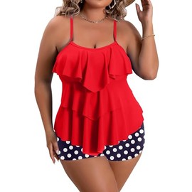 B2prity Women Plus Size Tankini Swimsuits Tummy Control Two Piece Bathing Suit Ruffled Flounce Swimwear with Shorts(Red)