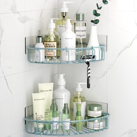 Orimade Corner Shower Caddy with 2 Hooks Wall Mounted Metal Bathroom Shelf Storage Organizer Adhesive No Drilling 2 Pack, Blue Only for 90-Degree Corner