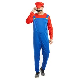 COXNSXX Plumber Brothers Costume Boy/Adult Dress Up Costume with Mustache and Hat for Carnival and Cosplay, Red and Green, S/M/L/XL
