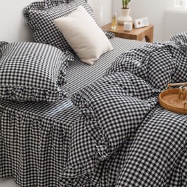 Black and White Gingham Duvet Cover King, 3-Piece Ruffled Bedding Set - 100% Washed Cotton, Lightweight & Breathable - Modern Graphic Bold Comforter Cover for Farmhouse
