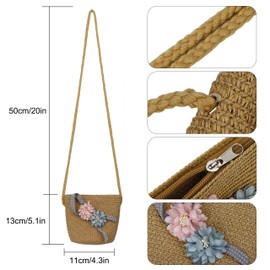 Straw Hat and Small Bag Set Girls Children Summer Sun Hat with Flower Decoration for Holiday Travel Outdoor Activities, khaki, Unit size