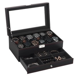 boailydi Watch Box, 12 Slot Watch Case, Mens Jewelry Box With Glass Lid, 2-Layer Lockable Watch Holder Organizer Watch Storage Leather Watch Display Case With Drawer For Rings Bracelet, Gifts For Men