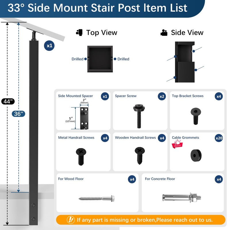 Gyykzz 36" Side Mount Stair Cable Railing Post for 28-38
