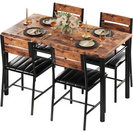 IRONCK Dining Table Set for 4, Wood Kitchen Table with Upholstered Chairs Dinning Table Set for Kitchen & Dining Room, Compact Dining Set for Small Spaces, Rustic Brown