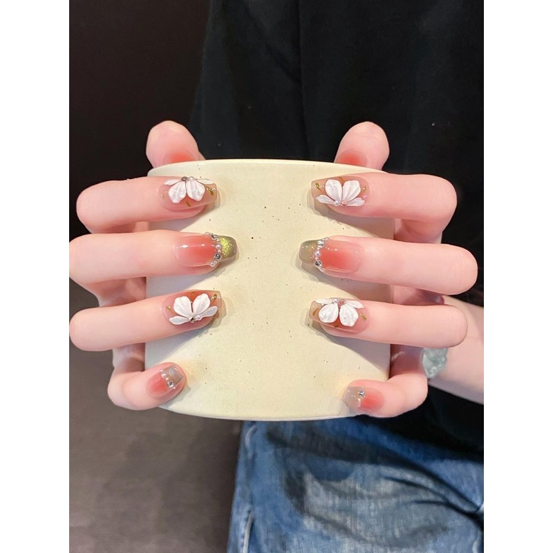 BIBII Nails Handmade Nail Tip, 3D Nails, Long Pink, Floral