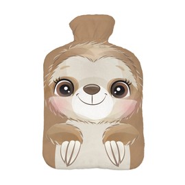 Hot Water Bottle with Pullover Cover 2 Litre Bed Bottle with Beautiful Fleece Print Cover Rubber Hot Water Bottle with Lid White Brown Sloth [092]
