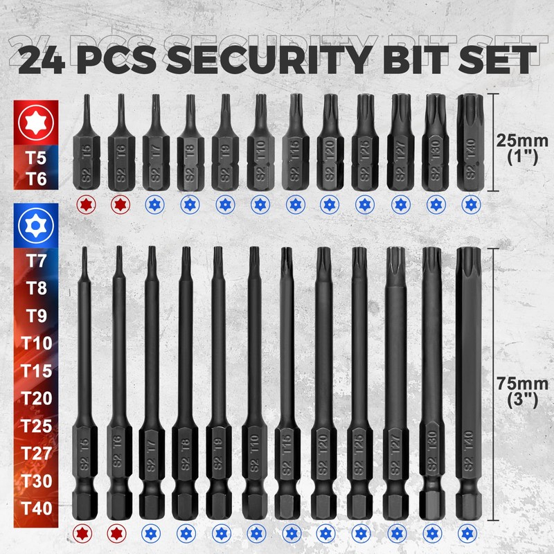 InPower Torx Bit Set, 24 PCS S2 Steel, 1&3'' Long