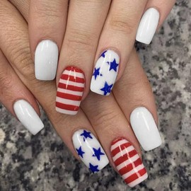ONPRESS 24Pcs 4th of July Fake Nails Medium Square Press on Nails with Red White Line Design Independence Day False Nails Blue Star Glue on Nails Glossy Full Cover Stick on Nails for Women