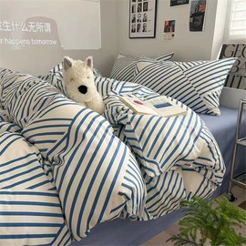 Blue Striped Bedding Set King,Instagram Style Geometric Duvet Cover with Zipper Ties 100% Cotton Modern Fashion Bedding Set for Men Women-104x90 Inch