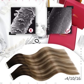 Moresoo Tape-In Real Hair Extensions, Remy Hair, Dark Brown to Light Brown with Golden Blonde #4/10/16, 35 cm, 50 g, 20 Pieces