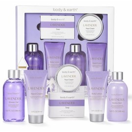BODY & EARTH Juego de regalo de baño y cuerpo – 6 piezas de lavanda para mujeres, juego de spa, cumpleaños, día de la madre, incluye baño de burbujas, gel de ducha, loción corporal