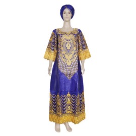 HD Traditional African Bazin Riche Woman Rhiestone Straight Long Dress Female Embroidery Lace Blue Dashiki Maxi Dresses with Headwrap L