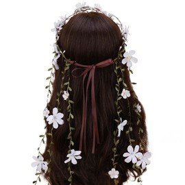 PartyforU Bohemian Flower Crown Headband - Forest Vine Crown White Floral Headpiece Woodland Crown for Bridal Wedding Maternity Photo Fairy Renaissance Party Cosplay