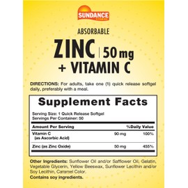 Sundance Absorbable Zinc with Vitamin C | 50mg | 50 Softgels | Essential Nutrients | Non-GMO and Gluten Free Supplement