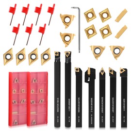 VeYocilk 21 x Indexable Lathe Turning Tools Set 3/8 Inch (10 mm) Shank, 7 Pieces Metal Turning Tool Holders and 14 Pieces Carbide Inserts for Turning, Grooving, Threading, Boring Bar and Cutting Tool
