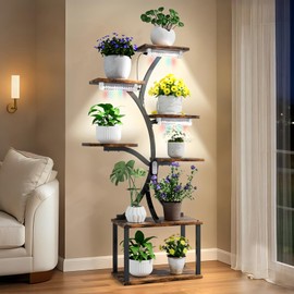 plant stand with lights for indoor plants, 7 Tiered Indoor Plant Shelf, 60" Corner Plant Stand with grow light, Metal tall Plant Flower Display Shelves, Tree-Shaped Plant Rack for Home, Patio, Black