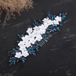 Teyglen Bride Flower Wedding Hair Comb Headband White Flower Rhinestone Headpiece Bridal Crystal Hair Piece Hair Accessories for Women Girls (Peacock blue)