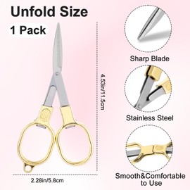 1 Pack Folding Scissors Stainless Steel with Keychain,Safety Foldable Pocket Badge Small Travel Scissors,Portable Telescopic Cutter for Home,Office,Craft,Sewing,Nurse Essentials(Gold）