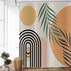 ASDCXZ Boho Shower Curtain 180 x 180 cm, Modern Abstract Art Boho Style Green Black Leaves Sun Moon Line Beige Washable Shower Curtains Textile Waterproof Shower Curtain for Bath with 12 Hooks