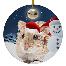 Festive Winter Night Pet and Snowman Ornament - Campbell's Dwarf Hamster Christmas Ornament Circle Ceramic - Funny Holiday Xmas Tree Decoration Gifts for Hamster Lovers