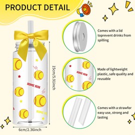 AKPMJ 12 Pack 14.2 oz Plastic Cups with Lids and Straws Clear Reusable Cups Twist Bows Tumbler Bottle for Birthday Sports Themed Party Favors Decorations Bulk (Softball)