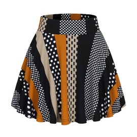 DJT Women's Basic Versatile Casual Stretchy Flared Pleated Mini Skater Skirt with Shorts X-Small Black Orange Stripe