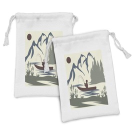 Ambesonne Fishing Theme Fabric Pouch Set of 2, Abstract Man Angling on Boat Natural Motifs with Mountains Trees River, Small Drawstring Bag for Toiletries Masks and Favors, 9" x 6", Ivory Multicolor