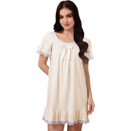 Nanxson Cotton Nightgown for Women Short Sleeve Princess Nightdress Victorian Nightwear Lace Ruffled Nighties with Bow (Medium,Short-Apricot)
