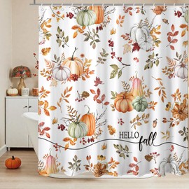 Lindameler Fall Pumpkin Shower Curtain for Bathroom, Autumn Fallen Maple Leaves Shower Curtain for Fall Bathroom Decor Waterproof Fabric Bath Curtain with 12 Hooks, 72 X 72 Inch
