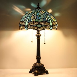 Tiffany Table Lamp Sea Blue Stained Glass Desk Lamp 12X12X21 Inches Dragonfly Style Reading Light