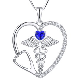 YL Caduceus Heart Necklace for Women Sterling Silver Doctor Nurse Themed Stethoscope Pendant Created Sapphire Angel Wings Snake Jewelry