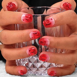 Sethexy Red Rhinestone Handmade Fake Nail 3D Crystals Short Square False Nails Gradient Acrylic Press on Nail Salon Durable Nails for Women and Girls 10PCS(P)