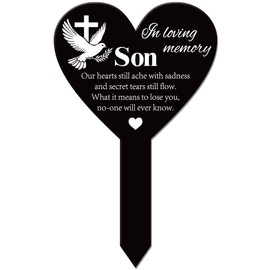 GLOBLELAND Heart Shaped Commemorative Son Garden Stake Peace Dove Memorial Remembrance Plaque for Cemetery Acrylic Grave Stake Waterproof Cross Blessing Garden Plaque for Yard Grave Cemetery