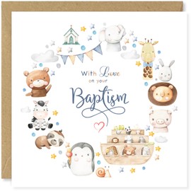 Beau Willows Noah's Ark Baptism Card Cute Jungle Animals Religious Greetings Card for Boy