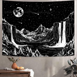 Lunerfex Starry Night Mountain Tapestry Black and White Wall Tapestry Celestial Landscape Tapestry Wall Hanging for Bedroom and Living Room Decor Mountain Black 70×90 Inches