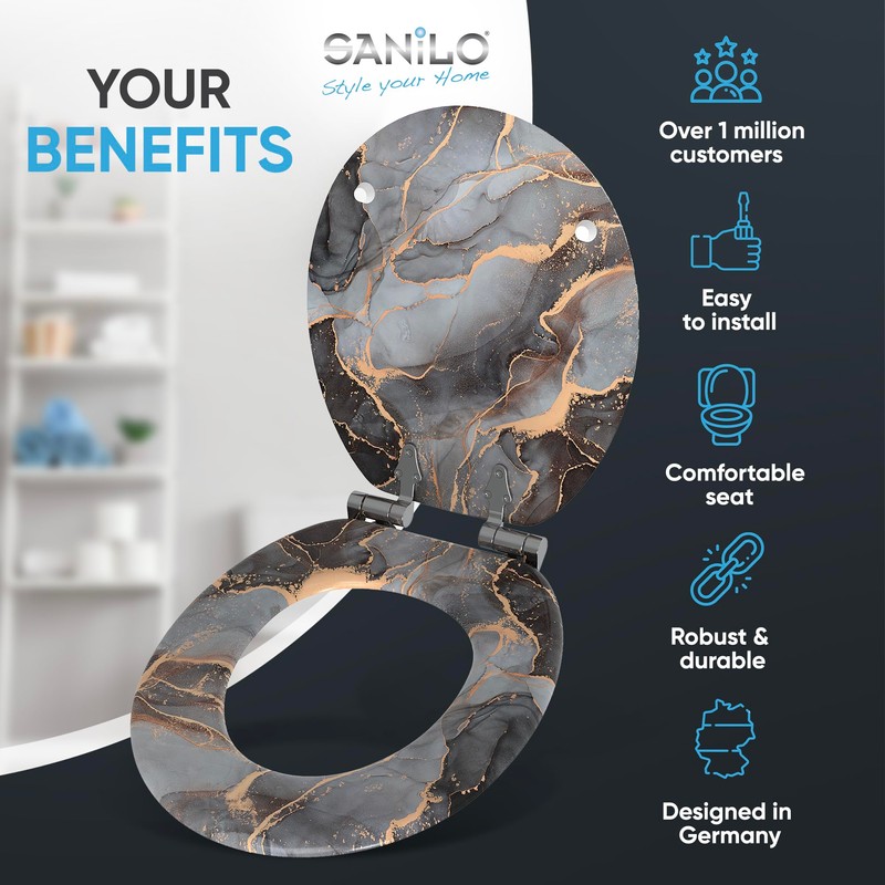 SANILO Wooden Toilet Seat with Soft Close [ROUND] - Decorative,