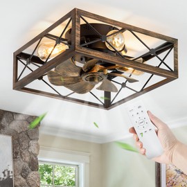 LEDIARY Caged Flush Mount Ceiling Fans with Lights and Remote, Black and Brushed Gold Square Low Profile Rustic Ceiling Fan, 6 Speed and Reversible, Small Farmhouse Bladeless Ceiling Fan Indoor
