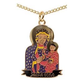 Polart, Polish Golden Necklace Featuring Black Madonna of Czestochowska w/Jasna Gora Banner - Antique Inspired Detailed Chain Jewelry from Poland - Cool & Patriotic Country Necklace for Men and Women