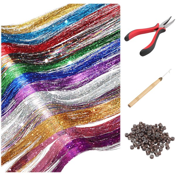 WILLBOND Hair tinsel strands kit , 12 Colors 2400 Strands tinsel hair extensions，fairy hair tinsel kit for Women Girls With Tools